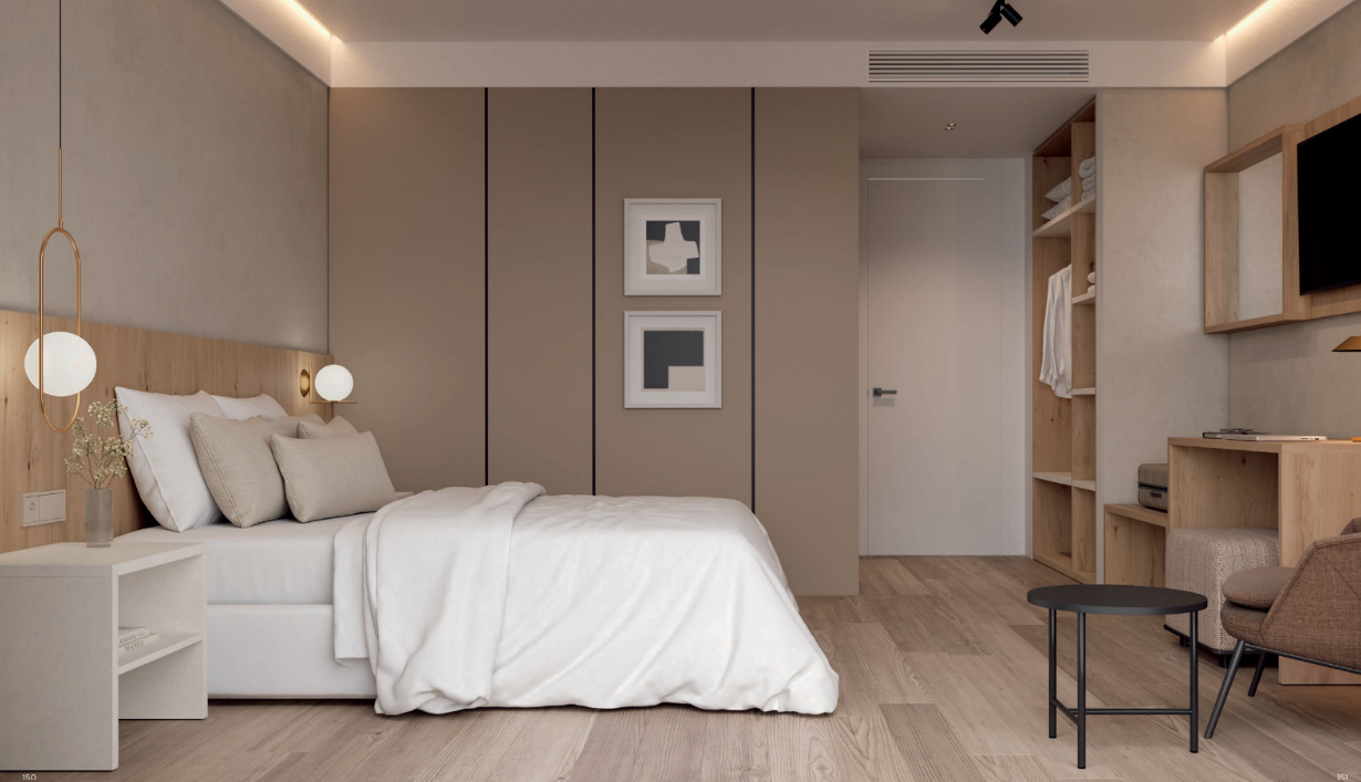 Habitación de hotel amueblada por Tegar con cabecero, armario y escritorio a medida, proyecto contract - Valencia