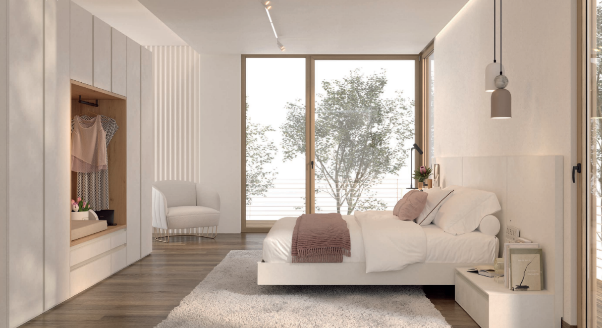 Dormitorio de matrimonio Tegar con armario y cama para exposición en tienda de muebles - Valencia