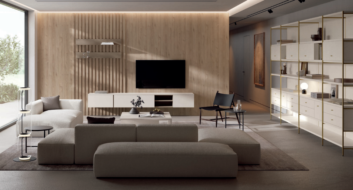 Salón Tegar con mueble TV suspendido, panel de madera y estantería metálica para vivienda completa - Valencia